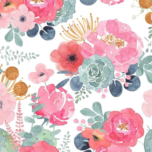 Selbstklebende Tapete Rosa Blumen,44 x 500cm Selbstklebende Tapete Weiß und Grün Blumen Boho Tapete Grün Blätter Pflanzen Tapete Selbstklebend Möbelfolie Selbstklebend für Wohnzimmer Schlafzimmer von ICYEHAO