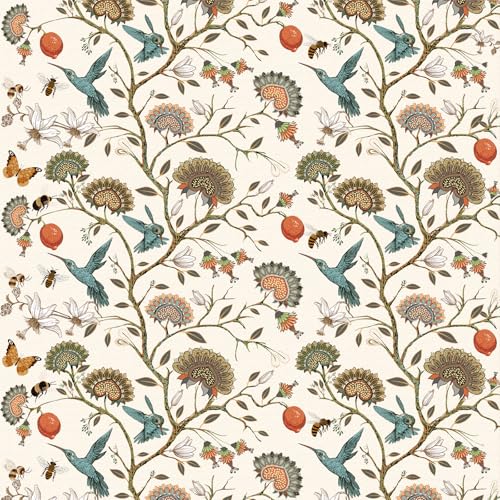 Tapete Blumen und Vögel,44 x 600cm Selbstklebende Tapete Beige Blumen Blätter Tapete Blau Vögel Tapete Schmetterlinge Tapete Baum Pflanzen Tapete Möbelfolie Selbstklebend für Wohnzimmer Schlafzimmer von ICYEHAO