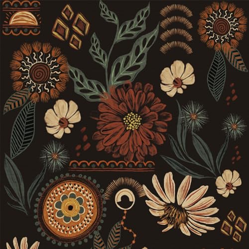 Selbstklebende Tapete Blumen Schwarz,44 x 600cm Bunt Tapete Selbstklebende Tapete Beige Braun Blumen Tapete Grün Blätter Vintage Boho Tapete Pflanzen Tapete Möbelfolie Selbstklebend für Wohnzimmer von ICYEHAO