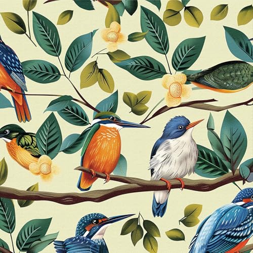 ICYEHAO Selbstklebende Tapete Vögel,44 x 300cm Blaue Vögel Tapete Beiger Hintergrund Peel and Stick Tapete Grüne Blattzweige Blumen Tapete für Wohnzimmer Schlafzimmer Wand Schränke Dekor von ICYEHAO