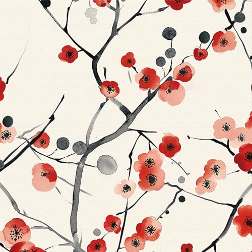 Selbstklebende Tapete Blumen Rot Schwarz,44 x 600cm Tapete mit Pflaumenblüten Tapete Baum Schwarz Pflanzen Tapete Selbstklebend Vintage Möbelfolie Selbstklebend für Badezimmer Wohnzimmer Schlafzimmer von ICYEHAO