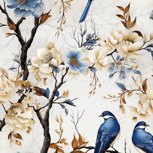 Selbstklebende Tapete Blumen und Vögel,44 x 300cm Tapete Beige Weiß Blumen Blätter Blau Vögel Tapete Baum Schwarz Tapete Wald Möbelfolie Selbstklebend für Badezimmer Wohnzimmer Schlafzimmer Küche von ICYEHAO