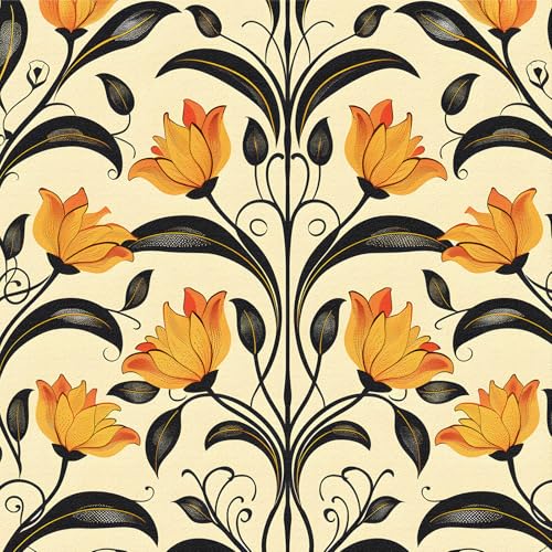 Selbstklebende Tapete Gelb Blumen,44 x 300cm Tapete Schwarz Blätter Tapete Hell Blumen Barock Tapete Boho Tapete Pflanzen Tapete Selbstklebend Möbelfolie Selbstklebend für Wohnzimmer Schlafzimmer von ICYEHAO