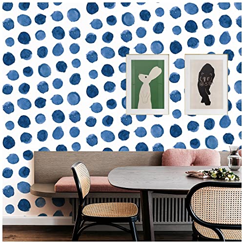 Selbstklebende Tapete Blau Weiß,44.5 x 500cm Tapete Blau Geometrisch Tapete Punkte Klebefolie Möbel Vintage Klebefolie Tapete Möbelfolie Selbstklebend für Badezimmer Wohnzimmer Schlafzimmer Küche von ICYEHAO