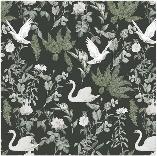 Selbstklebende Tapete Grün,44 x 1000cm Tapete Blumen und Vögel Grün Tapete Weiß Blumen Vögel Tapete Grün Blätter Boho Tapete Pflanzen Tapete Möbelfolie Selbstklebend für Wohnzimmer Schlafzimmer Küche von ICYEHAO