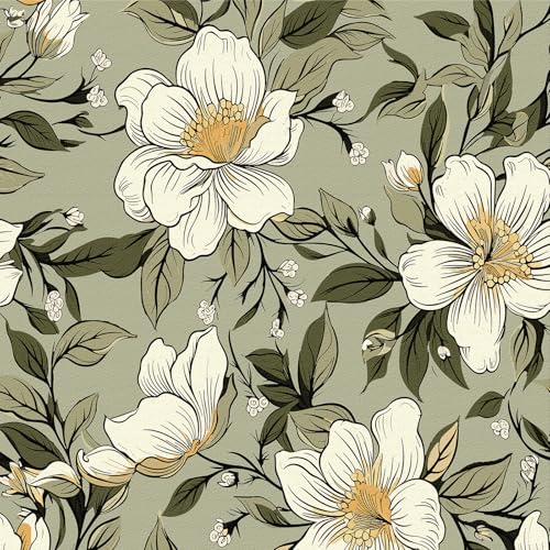 Selbstklebende Tapete Grün,44 x 600cm Selbstklebende Tapete Weiß Beige Blumen Tapete Grün Blätter Boho Tapete Pflanzen Tapete Möbelfolie Selbstklebend für Badezimmer Wohnzimmer Schlafzimmer Küche von ICYEHAO