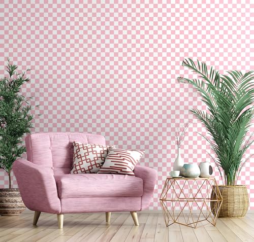 Selbstklebende Tapete Rosa Weiß,44 x 1000cm Geometrische Tapete Klebefolie Möbel Rosa Quadrat Muster Klebetapete Selbstklebend Möbelfolie Selbstklebend für Küche Badezimmer Wohnzimmer Schlafzimmer von ICYEHAO