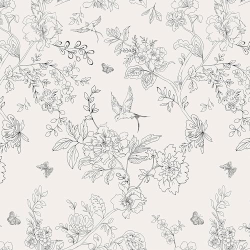 Selbstklebende Tapete Schwarz Weiß Blumen,44 x 1000cm Schwarz Weiß Dschungel Blumen und Vögel Tapete Schmetterlinge Wald Pflanzen Möbelfolie Selbstklebend für Badezimmer Wohnzimmer Schlafzimmer von ICYEHAO