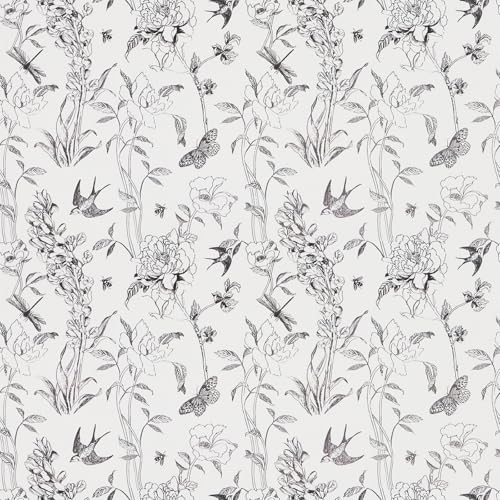 Selbstklebende Tapete Schwarz Weiß,44 x 1000cm Selbstklebende Tapete Blumen und Vögel Schmetterlinge Pflanzen Blume Tapete Klebefolie Blumen Möbelfolie Selbstklebend für Wohnzimmer Schlafzimmer Küche von ICYEHAO