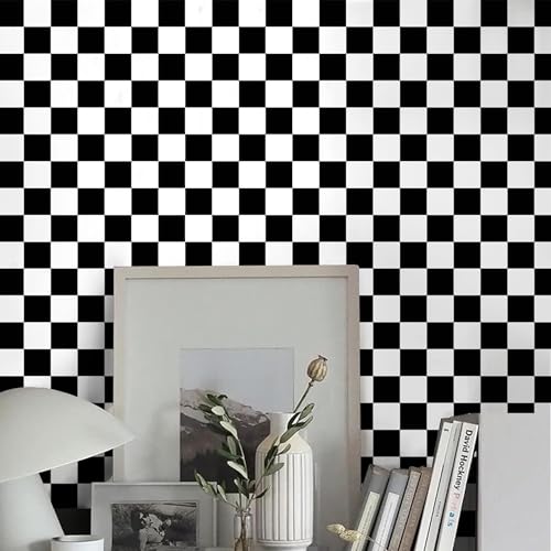 Selbstklebende Tapete Schwarz Weiß,44 x 500cm Geometrische Tapete Klebefolie Möbel Quadrat Muster Klebetapete Selbstklebend Möbelfolie Selbstklebend für Küche Badezimmer Wohnzimmer Schlafzimmer von ICYEHAO