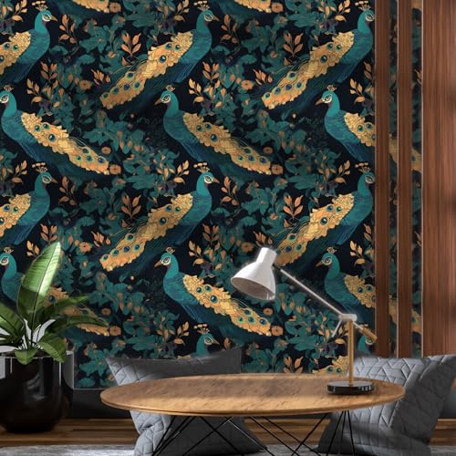Selbstklebende Tapete Vögel Grün,44 x 600cm Tapete Grün Selbstklebende Tapete Pfau Tapete Blumen und Vögel Klebefolie Tapete Gelb Grün Möbelfolie Selbstklebend für Badezimmer Wohnzimmer Schlafzimmer von ICYEHAO