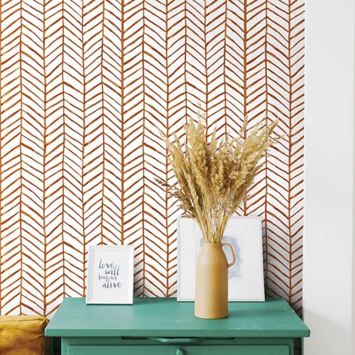 Tapete Orange Geometrisch,44.5 x 500cm Tapete Orange Streifen Tapete Fischgrät Tapete Orange Weiß Vintage Klebefolie Tapete Klebetapete Möbelfolie Selbstklebend für Badezimmer Wohnzimmer Schlafzimmer von ICYEHAO
