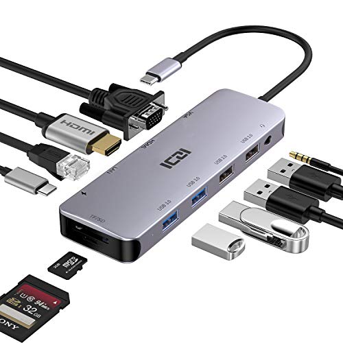 ICZI USB C Dockingstation, Thunderbolt 3 Hub mit HDMI, VGA, Audio, PD, Ethernet, Micro SD/TF, 2 USB2.0 und 2 USB3.0 Ports für MacBook Pro/Air, iMac, Surface Go, Chromebook, Huawei usw. ICZI USB C Dockingstation, Thunderbolt 3 Hub mit HDMI, VGA, Audio, PD, Ethernet, Micro SD/TF, 2 USB2.0 und 2 USB3.0 Ports für MacBook Pro/Air, iMac, Surface Go, Chromebook, Huawei usw. von ICZI