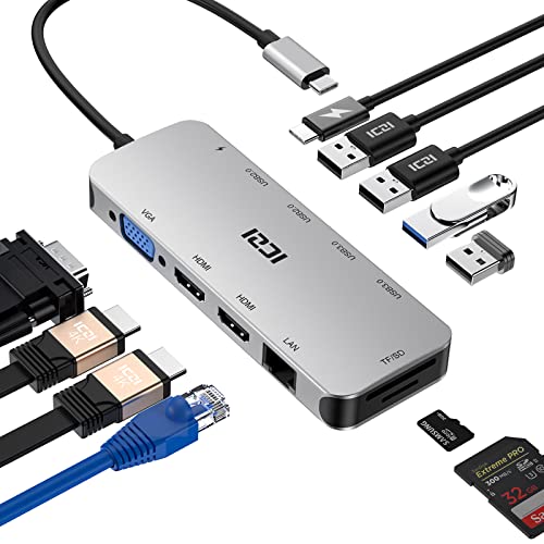 ICZI USB C Hub, 11 in 1 Docking Station Adapter mit Dual 4K HDMI, 1080P VGA, PD, RJ45 Gigabit Ethernet,2*USB 3.0, 2*USB 2.0, SD/TF Kartenleser für MacBook und mehr Typ-C Geräte ICZI USB C Hub, 11 in 1 Docking Station Adapter mit Dual 4K HDMI, 1080P VGA, PD, RJ45 Gigabit Ethernet,2*USB 3.0, 2*USB 2.0, SD/TF Kartenleser für MacBook und mehr Typ-C Geräte von ICZI