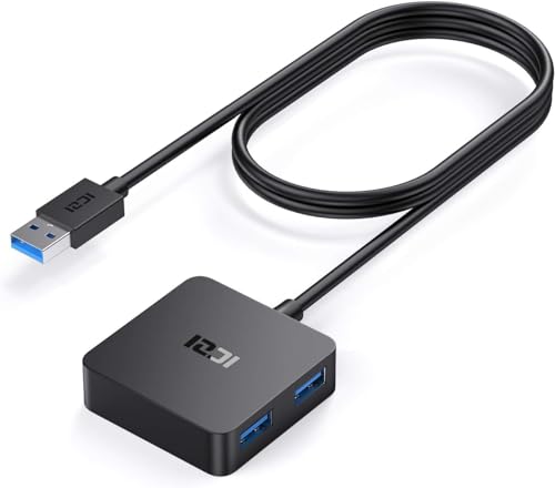 ICZI USB Hub 3.0,1.2M Lang Verlängerungskabel Mini USB 3.0 Adapter mit 4 Ports USB 3.0 Verteiler Datenhub für MacBook/Pro/Mini,Surface Pro, Desktop,USB Flash Drives,und Mehr (Schwarz) von ICZI