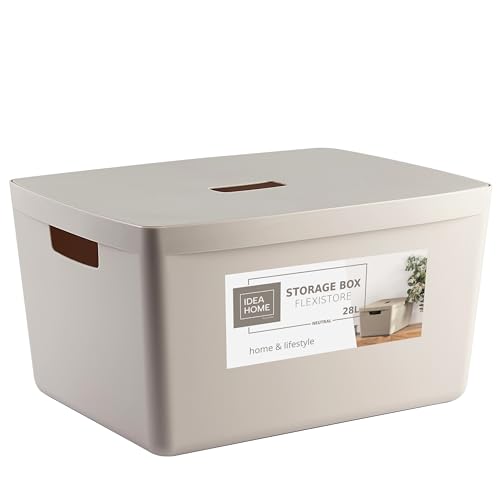 IDEA HOME FLEXISTORE Aufbewahrungsbox Kunststoff Organizer Box Körbe Aufbewahrung Kunststoffbox für Badezimmer Regal mit Deckel 28L, Natürliche Farbe von IDEA HOME