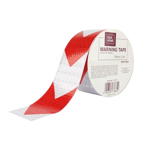 IDEA HOME Markierungsklebeband 50 mm x 5 m Selbstklebendes Absperrband Gestreiftes Warnband zur Boden und Sicherheitsmarkierung, Reflektierend, Pfeil, Weiss/Rot von IDEA HOME