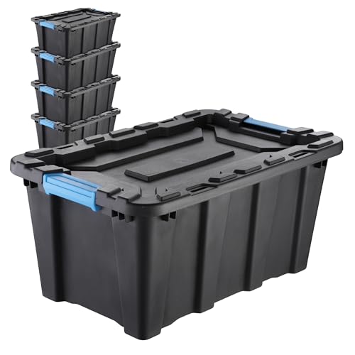 IDEA HOME TechBox HD 40L Aufbewahrungsbox mit Deckel – Schwerlast-Stapelbox, Werkzeugkiste, Organizer-Box aus robustem Kunststoff in Schwarz, Set mit 5 Stück von IDEA HOME