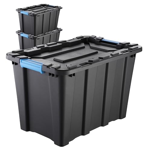 IDEA HOME TechBox HD 55L Aufbewahrungsbox mit Deckel – Schwerlast-Stapelbox, Werkzeugkiste, Organizer-Box aus robustem Kunststoff in Schwarz, Set mit 3 Stück von IDEA HOME