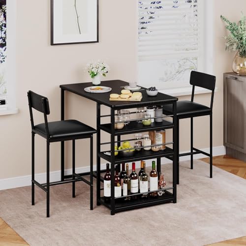 Bartisch Set Mit 2 Barhockern & 3-Stöckigem Stahlregal, Kompakter Esstisch Mit 2 Stühlen Für Kleine Küchen – Küchenbar Mit Stauraum, Frühstücksecke, 136 Kg Tragfähigkeit von IDEALHOUSE