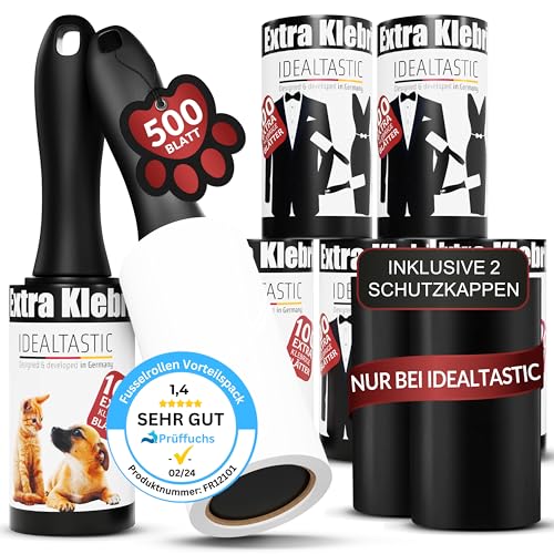 IDEALTASTIC® Fusselrolle Tierhaare & Kleidung im Vorteilspack mit 2xGriff & 5x100 Blatt I Fusselentferner Kleidung extra klebrig I Tierhaarentferner einfach zu wechseln I Fusselbürste + Staubschutz von IDEALTASTIC