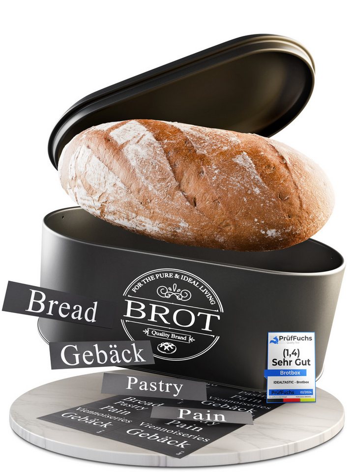 IDEALTASTIC Brotkasten Premium 2-in-1 Brotkasten für die ideale Brot Aufbewahrung, Stahl, (Brot Aufbewahrung, Brotkästen), Länger frischhaltende Brotbox & speziell entwickelter Luftzirkulation von IDEALTASTIC