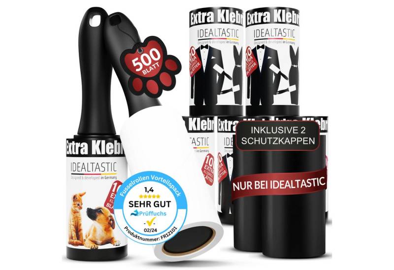 IDEALTASTIC Fusselroller Fusselrolle Tierhaare & Kleidung im Vorteilspack Fusselentferner, 2x Griff & 5x100 Blatt, INKL. 2X STAUBSCHUTZKAPPE von IDEALTASTIC