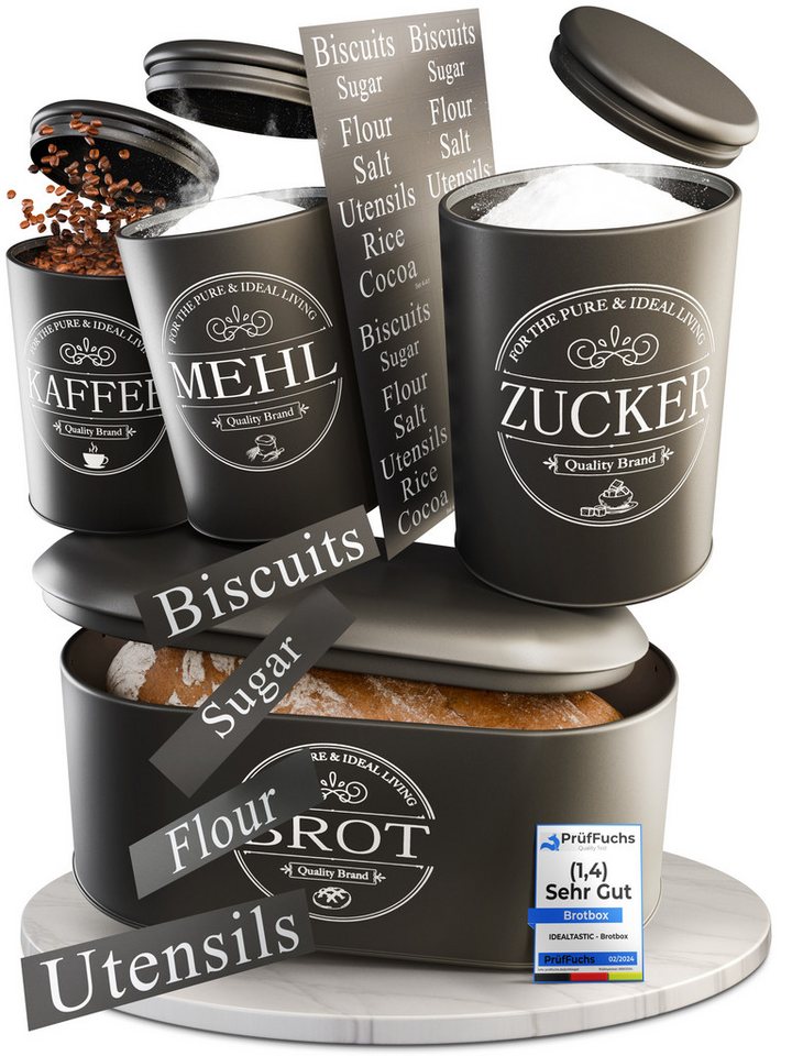 IDEALTASTIC Vorratsdose IDEALTASTIC® Premium Brotkasten Set (4er), Zuckerdose, Brotbox schwarz, Stahl, (Mehl Aufbewahrung & Kaffeedose luftdicht, Vorratsdosen je 500g & 1x Brot), Frische & Eleganz in Ihrer Küche I Kaffee Aufbewahrung von IDEALTASTIC