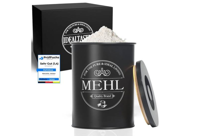 IDEALTASTIC Vorratsdose Premium Mehl Aufbewahrung schwarz, (Luftdichte Mehldose 500g für die Küche, Vorratsdose Mehl, 1x Mehldose 500g mit Deckel), Luftdichte Mehldose 500g aus Metall mit Bambusdeckel – stilvoll von IDEALTASTIC