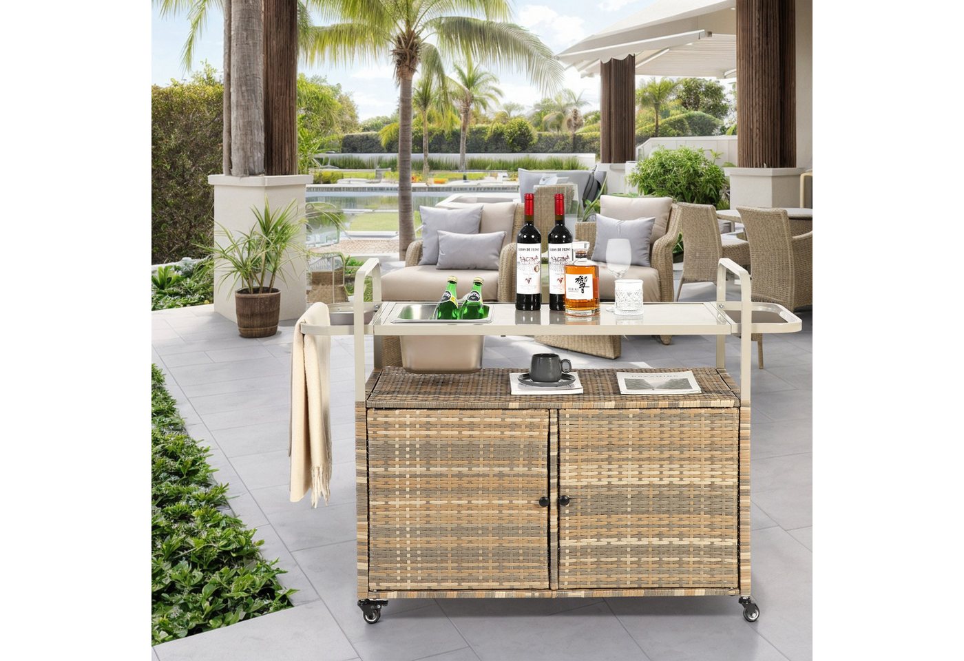 IDEASY Auflagenbox Outdoor-Barwagen mit Schwenkrädern & Eisbehälter – Garten & Pool von IDEASY