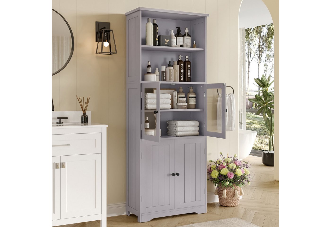 IDEASY Badkommode Bad-Hochschrank Weiß 57x29x160cm Glas & Holz IDEASY Badkommode Bad-Hochschrank Weiß 57x29x160cm Glas & Holz von IDEASY