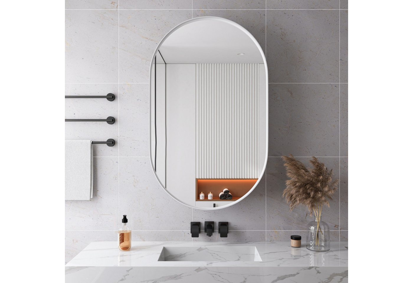 IDEASY Badkommode Ovaller Spiegelschrank mit Metallrahmen & verstellbaren Fächern, Weiß IDEASY Badkommode Ovaller Spiegelschrank mit Metallrahmen & verstellbaren Fächern, Weiß von IDEASY