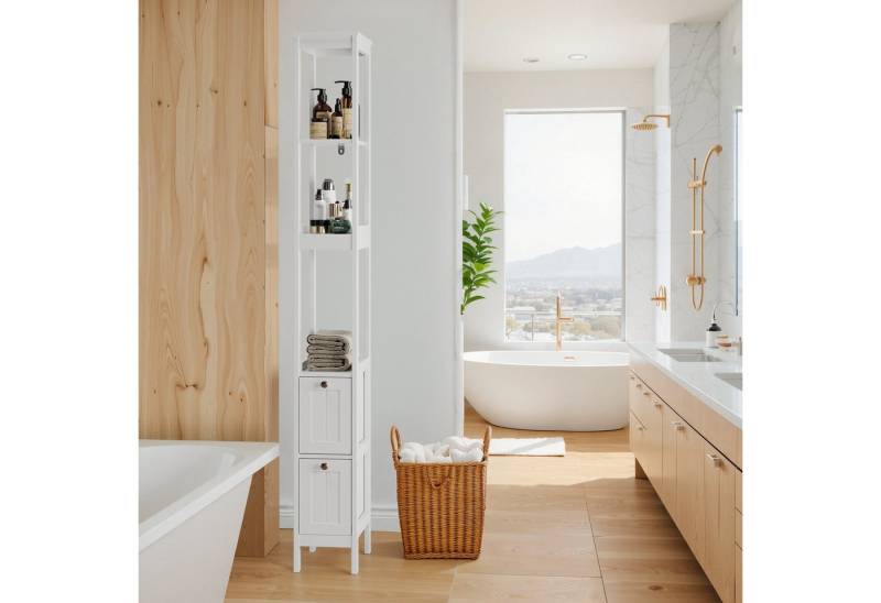 IDEASY Badkommode Weißer Badezimmerschrank mit 2 Schubladen & 3 Böden, Weißer Badschrank schmal mit Schubladen & Böden von IDEASY