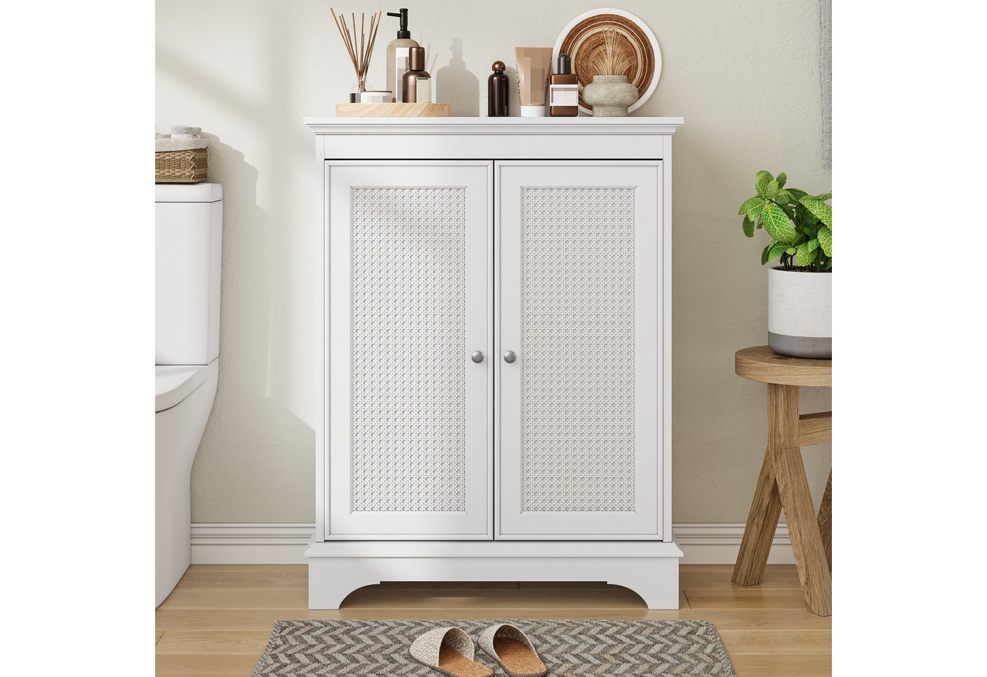 IDEASY Badkommode Weißer Badezimmerschrank mit Korbtür & verstellbarem Regal (Verstellbares Regal & bodenstehend – weiß), Moderner Badezimmerschrank mit Korbtür von IDEASY