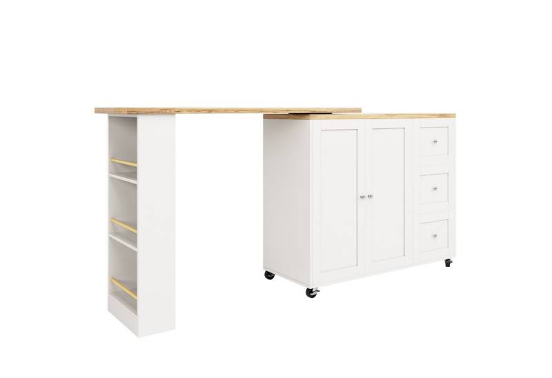 IDEASY Bartisch 360° drehbarer Stehtisch (138-209 x 39 x 104 cm) auf Rollen (Aufbewahrungsinsel mit drei Schubladen. Kommt mit Snackhalter), Moderner ausziehbarer Essbar für Küchen, Esszimmer oder Wohnzimmer von IDEASY