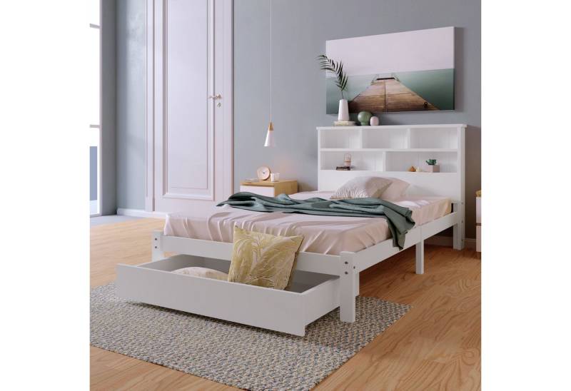 IDEASY Jugendbett Massivholz-Bett 90/140x200cm (Weiß), Stauraumbett ohne Matratze (Modernes Einzelbettgestell für Jugendliche und Erwachsene), Kieferholz & MDF, mit Schubladen & Bücherregal, Lattenrost 21cm Höhe von IDEASY