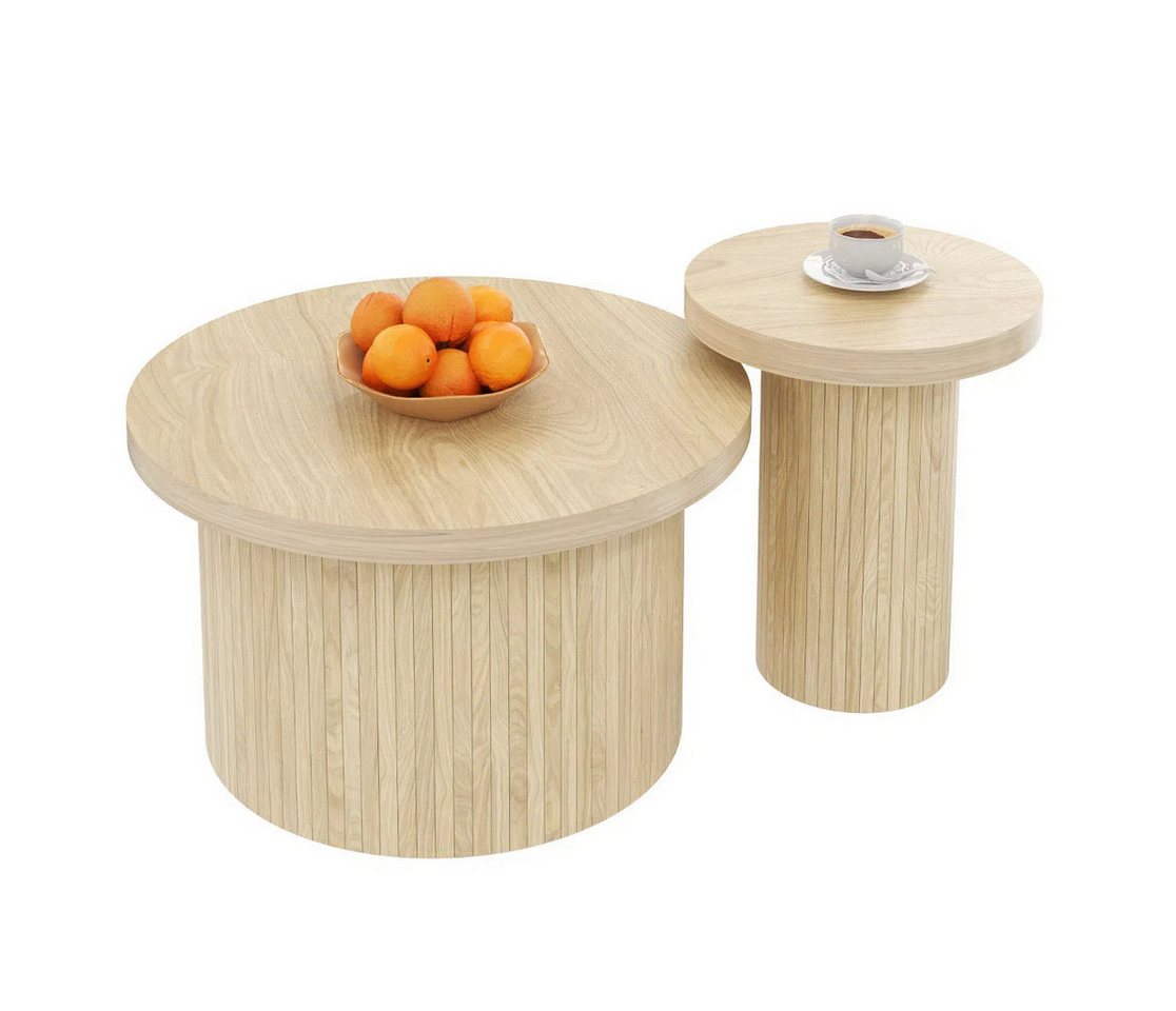 IDEASY Couchtisch (2 St) Rustikaler Couchtisch mit Naturholzlatten Runder Beistelltisch, Wohnzimmertisch, Naturholzmaserung, 66 x 66 x 40 + 40 x 40 x 46 cm von IDEASY