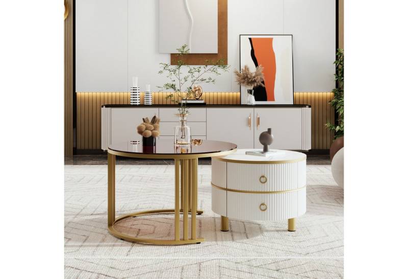 IDEASY Couchtisch 2 St. Couchtisch, Runder Couchtisch, Couchtisch-Set mit Beistelltisch (2 Tische), 2 Schubladen und Metallgestell, Tischplatte Glas- oder Marmorfurnier von IDEASY