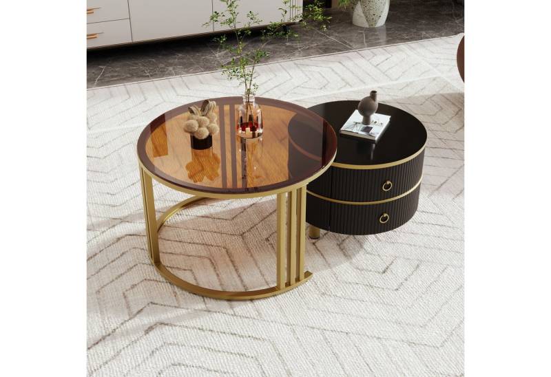 IDEASY Couchtisch 2 St. Couchtisch, Runder Couchtisch, Couchtisch-Set mit Beistelltisch (2 Tische), 2 Schubladen und Metallgestell, Tischplatte Glas- oder Marmorfurnier von IDEASY