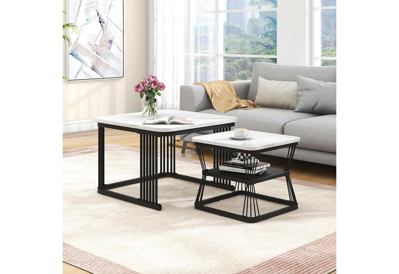 IDEASY Couchtisch 2-in-1-Kaffeetisch, multifunktionaler Beistelltisch (mit schwarzen Metallrahmenbeinen, weiße Platte mit Marmormuster), 2 Tischmaße 65 x 65 x 45 cm und 45 x 45 x 39,5 cm von IDEASY