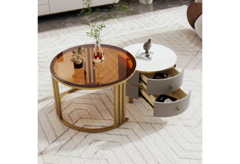 IDEASY Couchtisch 2in1 Beistelltisch mit 2 Schubladen, runder MDF & Glas-Tischplatte (2 Schreibtische), Hochglanz & braune Tischplatten, platzsparende Couchtischkombination von IDEASY