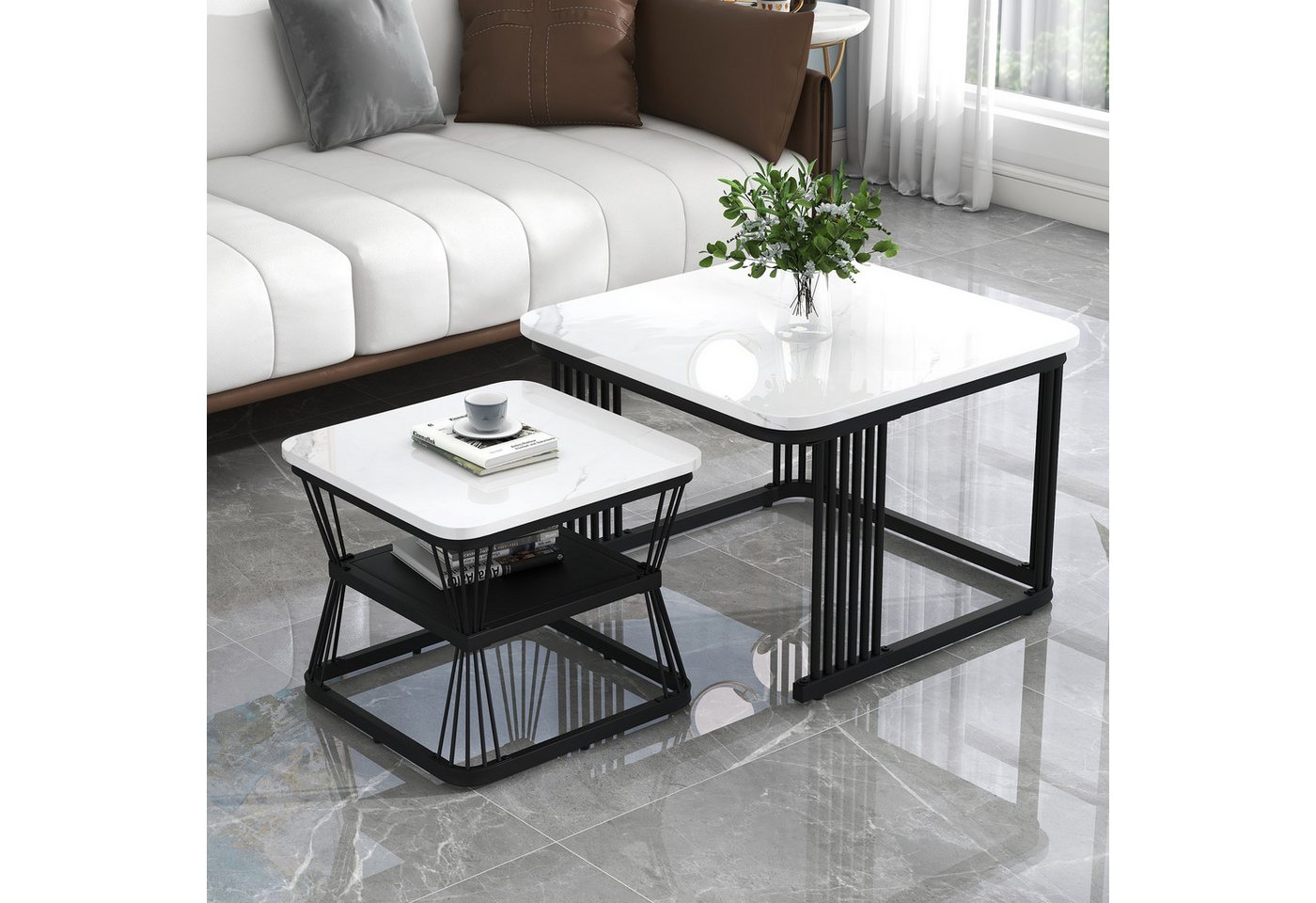 IDEASY Couchtisch Beistelltische 2er-Set Marmor-MDF Stahlrohr weiß/schwarz IDEASY Couchtisch Beistelltische 2er-Set Marmor-MDF Stahlrohr weiß/schwarz von IDEASY