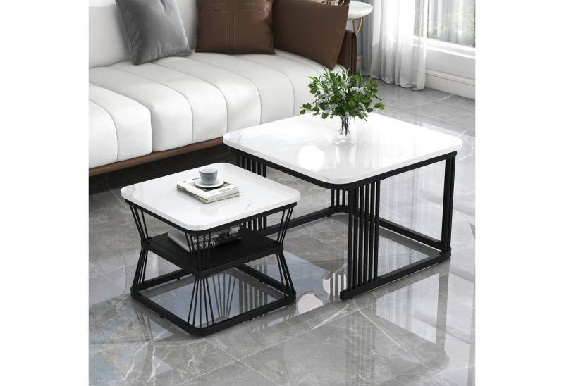 IDEASY Couchtisch Beistelltische 2er-Set Marmor-MDF Stahlrohr weiß/schwarz von IDEASY