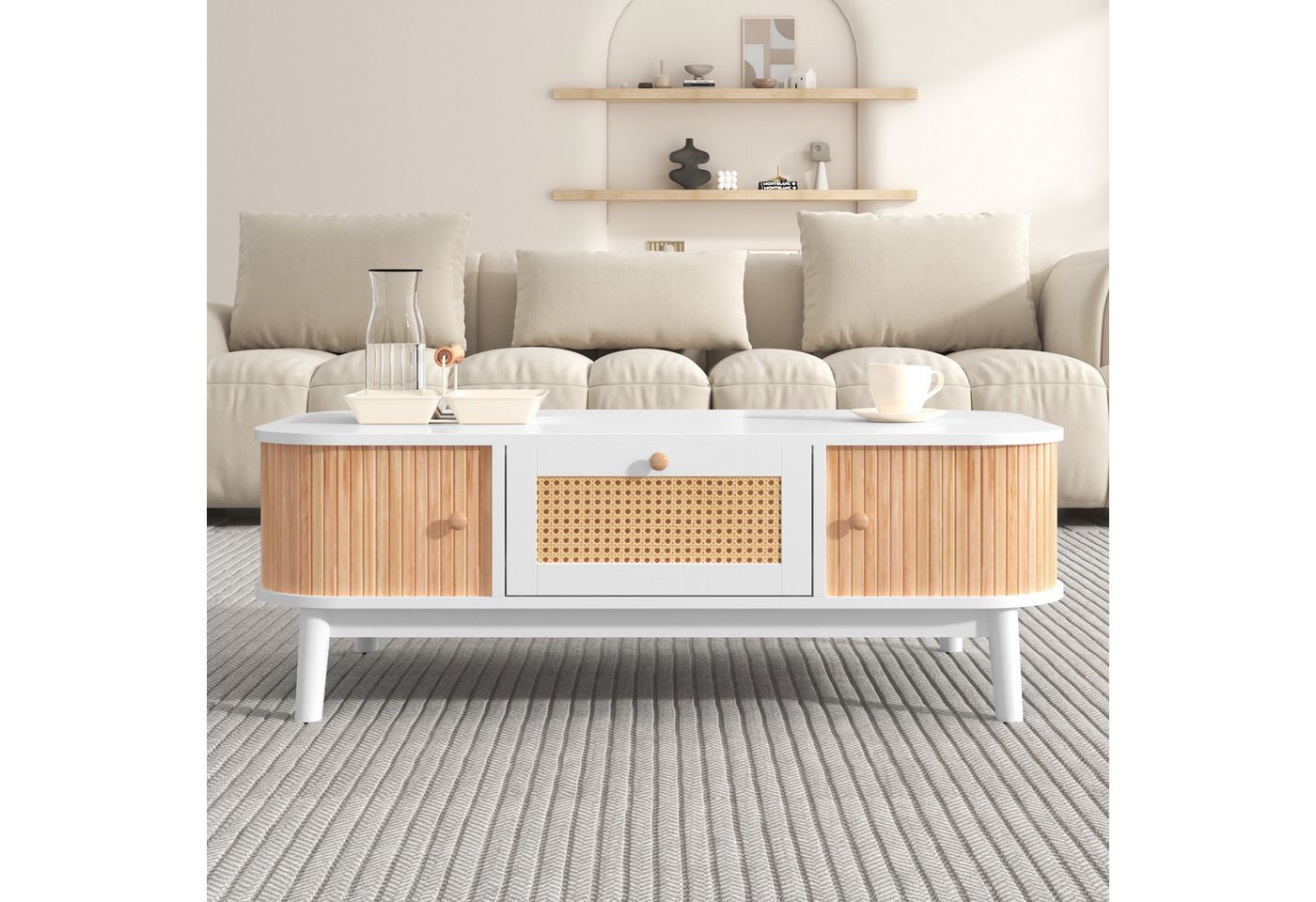 IDEASY Couchtisch Couchtisch aus Rattan, ovaler Aufbewahrungsschrank mit Schubladen, und Schiebetüren, Beine aus Massivholz IDEASY Couchtisch Couchtisch aus Rattan, ovaler Aufbewahrungsschrank mit Schubladen, und Schiebetüren, Beine aus Massivholz von IDEASY