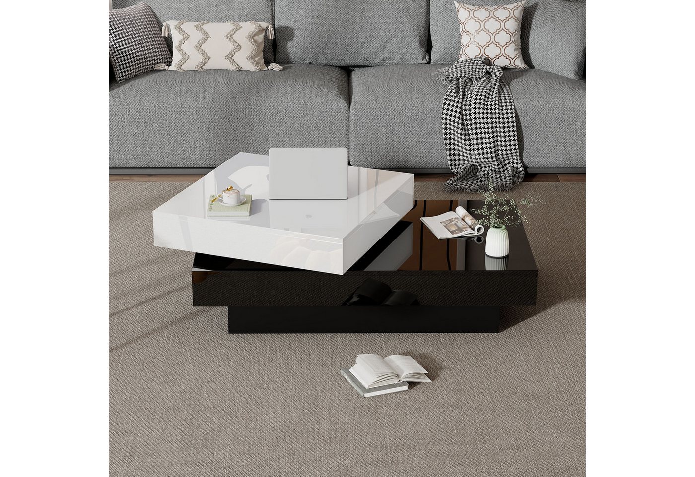 IDEASY Couchtisch Drehbarer Couchtisch schwarz/weiß mit Hochglanz, doppelschichtig IDEASY Couchtisch Drehbarer Couchtisch schwarz/weiß mit Hochglanz, doppelschichtig von IDEASY