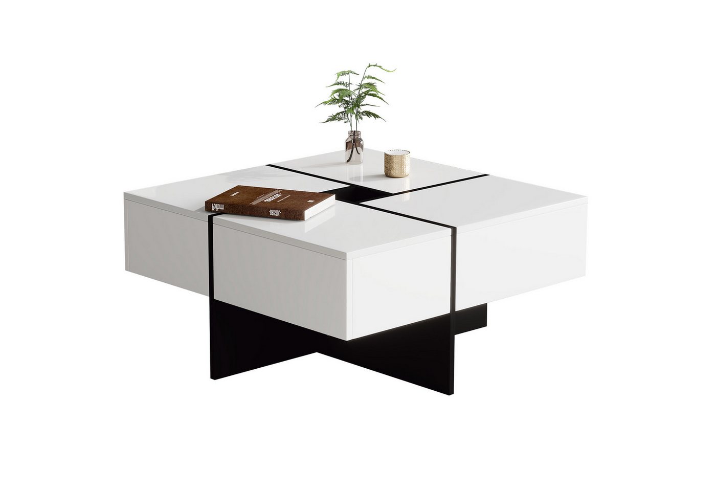 IDEASY Couchtisch Eleganter Hochglanz-Couchtisch 70*70*35 cm, (schwarz-weißes Design, eingebautes Staufach und 4 robuste Schubladen), maximale Belastbarkeit 30 kg, quadratischer Hochglanz-Couchtisch von IDEASY