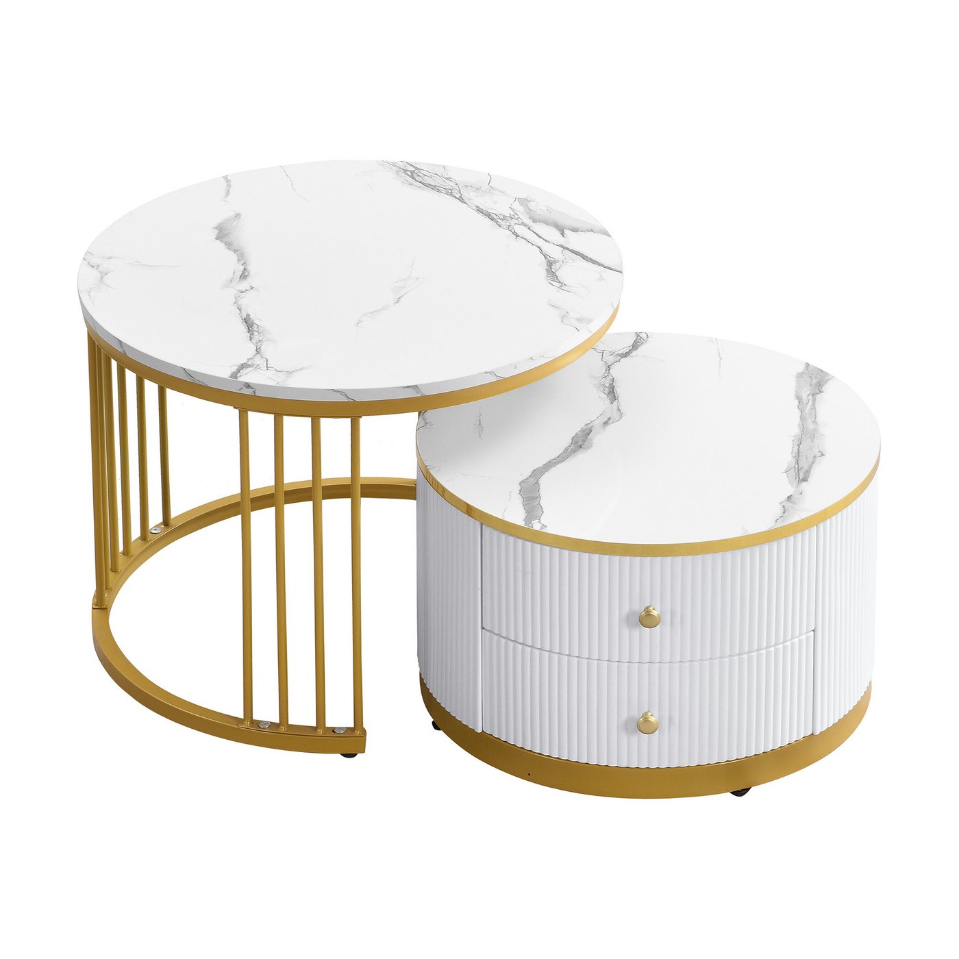 IDEASY Couchtisch Elegantes 2-teiliges, weißes Couchtisch-Set in Nestform, (60*60*45.5cm & 50*50*32cm, runde Tische mit hochglänzender), 2 Schubladen, bis 30kg belastbar,Nesting-Kombination Couchtisch von IDEASY