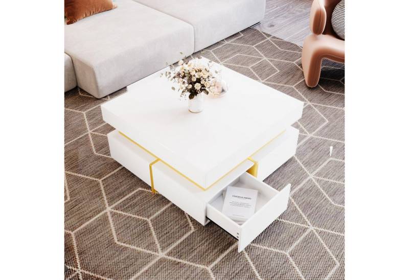 IDEASY Couchtisch Hochglanz Couchtisch, Wohnzimmertisch, quadratisch modernes Design (70x 35,5x 70 cm, 60 kg belastbar), Couchtisch mit Stauraum, mit 2 Schubladen, stilvolles Golddekor von IDEASY