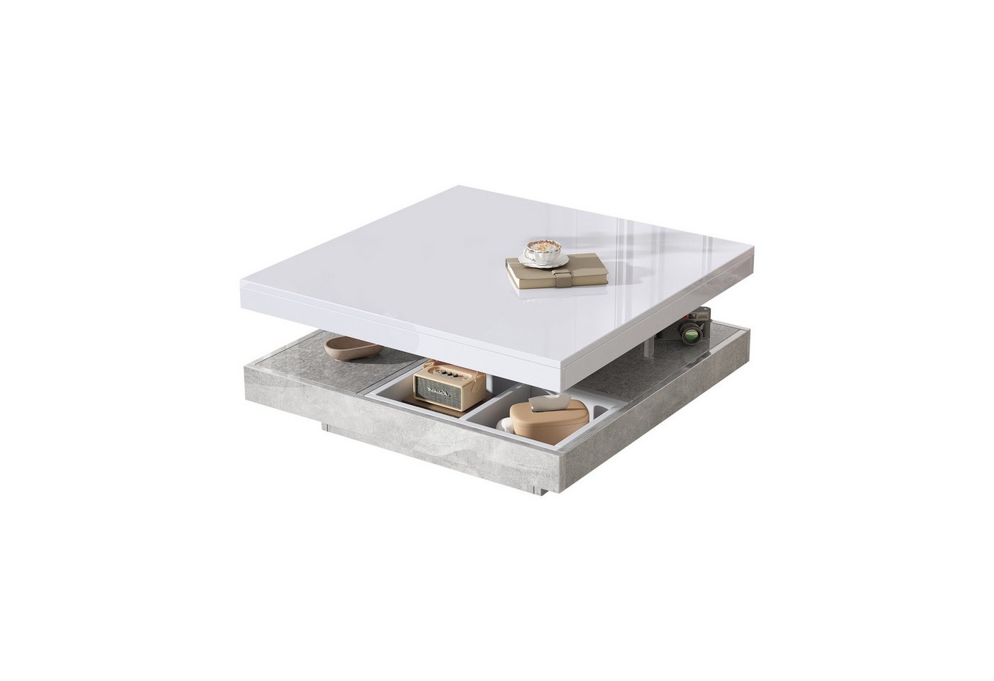 IDEASY Couchtisch Hochglanz-Doppelschicht-Couchtisch mit 360° schwenkbarer Tischplatte (Wohnzimmer-Couchtisch, 30 kg belastbar), Offenes Fach mit 4 herausnehmbaren Staufächern von IDEASY