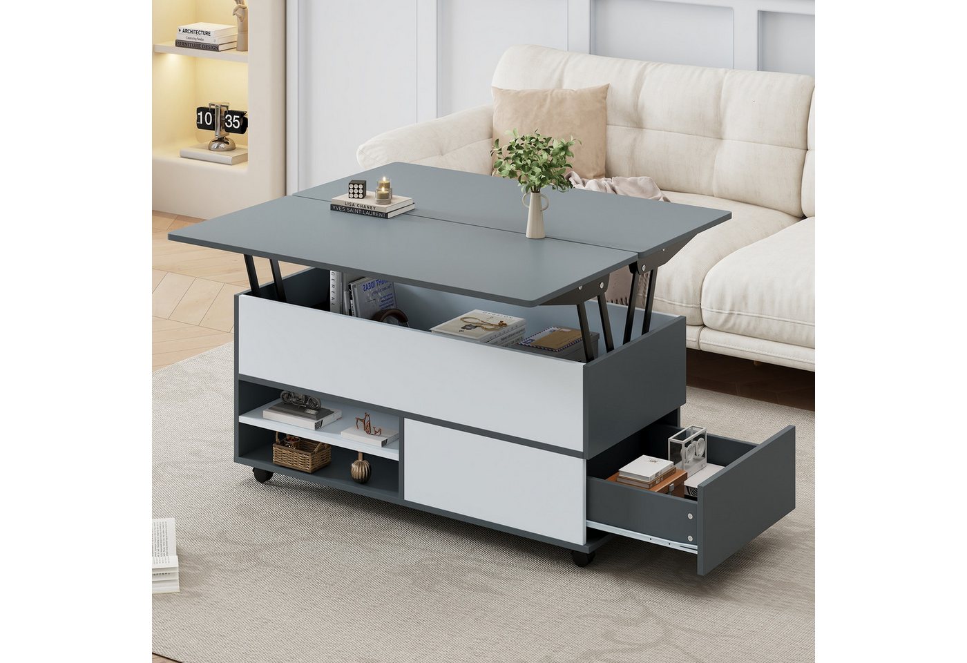 IDEASY Couchtisch Höhenverstellbarer Couchtisch mit Stauraum Rollen, Grau-Weiß 100x98cm Schubladen IDEASY Couchtisch Höhenverstellbarer Couchtisch mit Stauraum Rollen, Grau-Weiß 100x98cm Schubladen von IDEASY